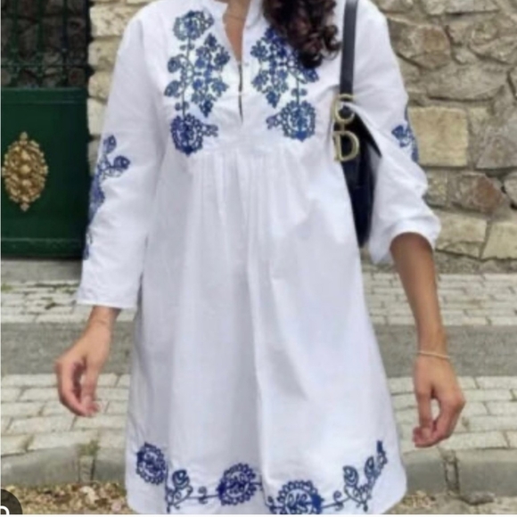 ZARA Embroidered Flowy Mini Dress White & Blue, Casual, Beach, Boho, Sz M - Picture 1 of 12